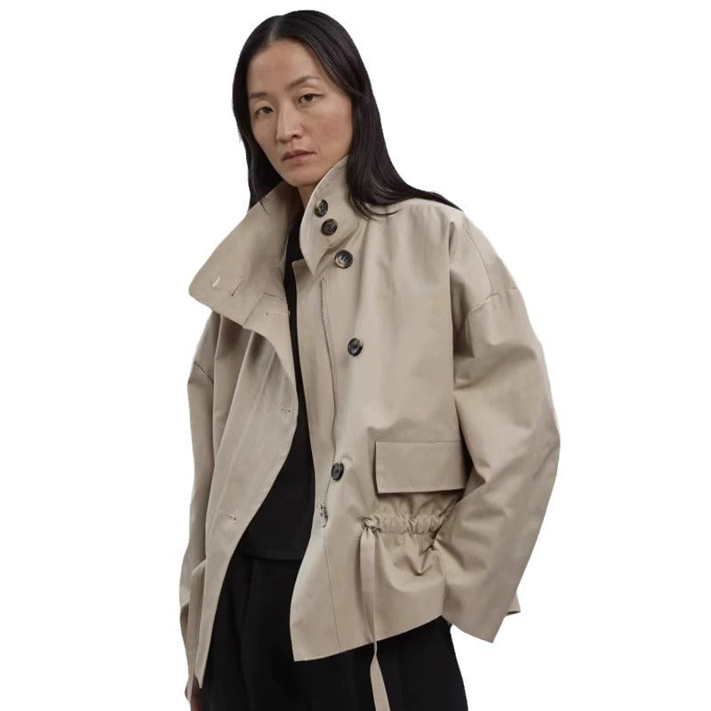 Damen Modische Übergangsjacke mit Gürtel und Stehkragen Drune