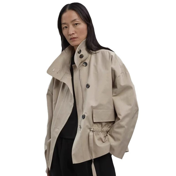 Damen Modische Übergangsjacke mit Gürtel und Stehkragen Drune