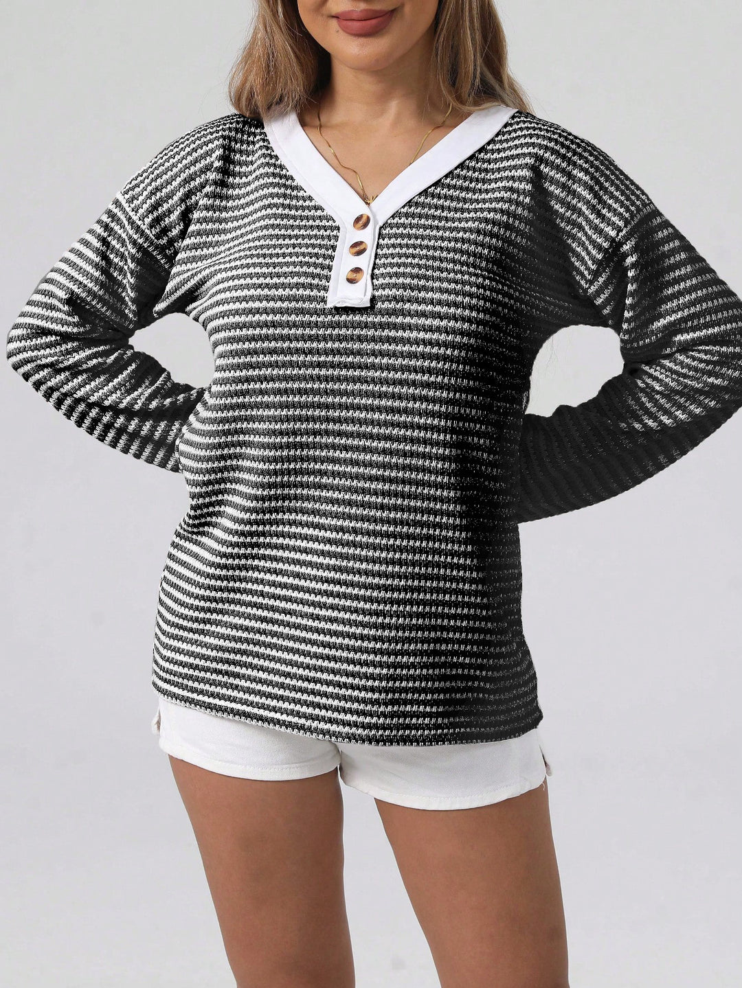Damen lässiger Strickpullover mit schimmernden Streifen und kontrastierendem Kragen Drune