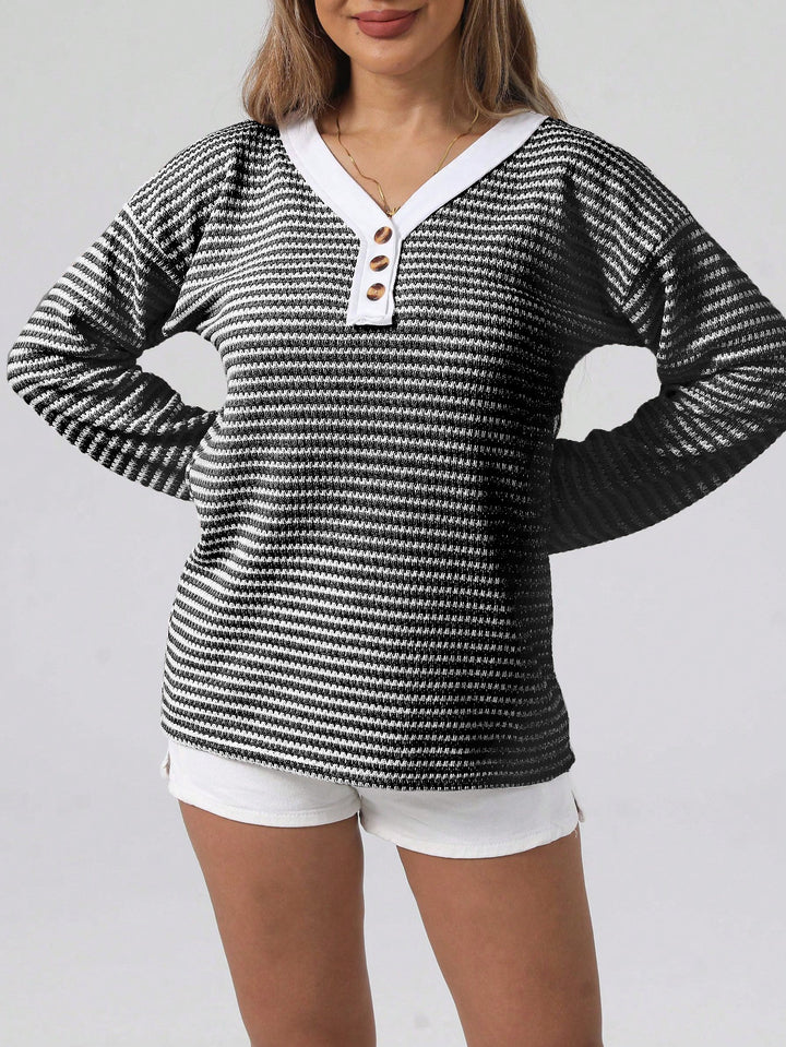 Damen lässiger Strickpullover mit schimmernden Streifen und kontrastierendem Kragen Drune