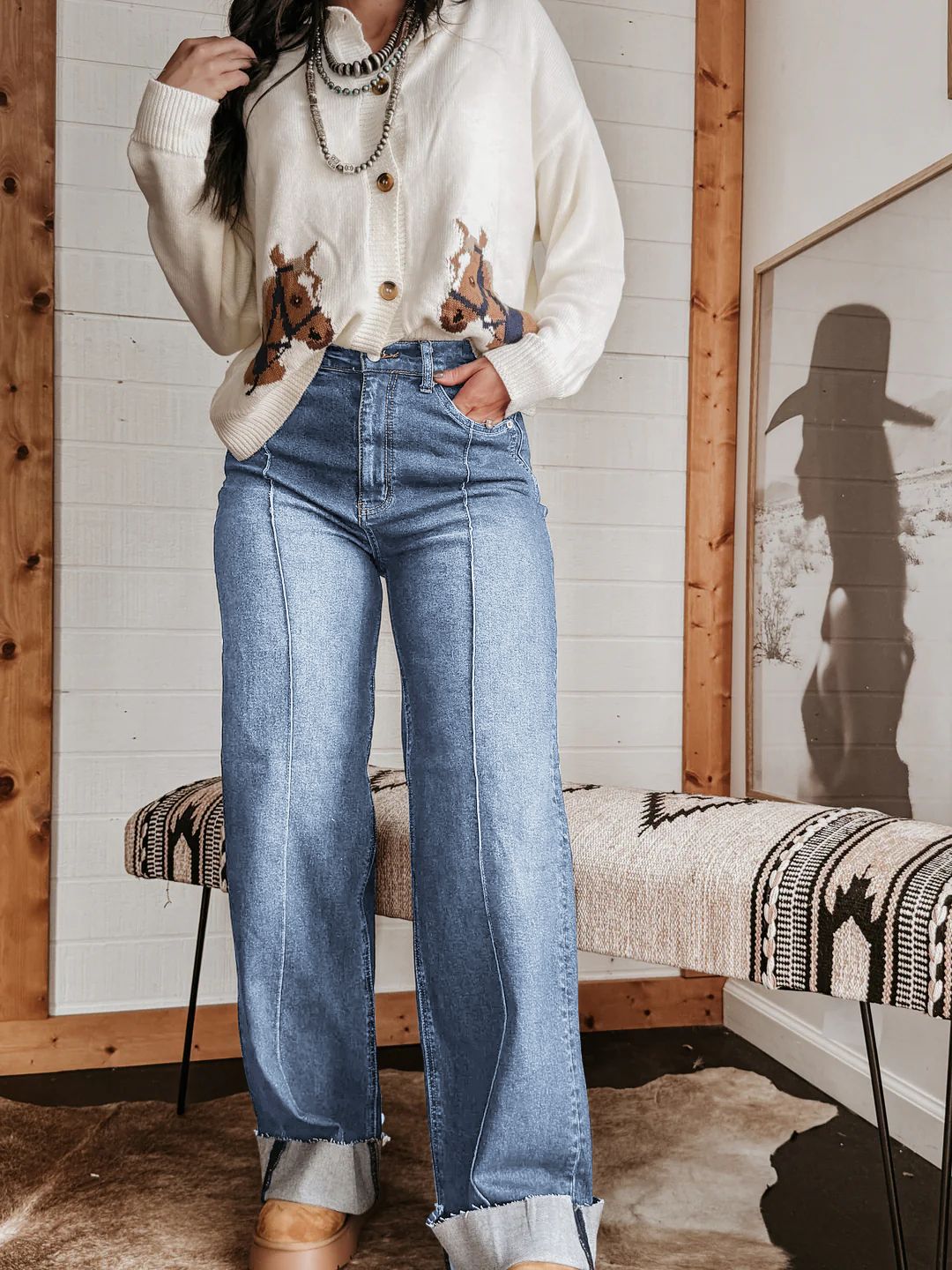 Damen weite High-Waist Jeans mit einzigartigen Kontrastnähten und lässigem Look Drune