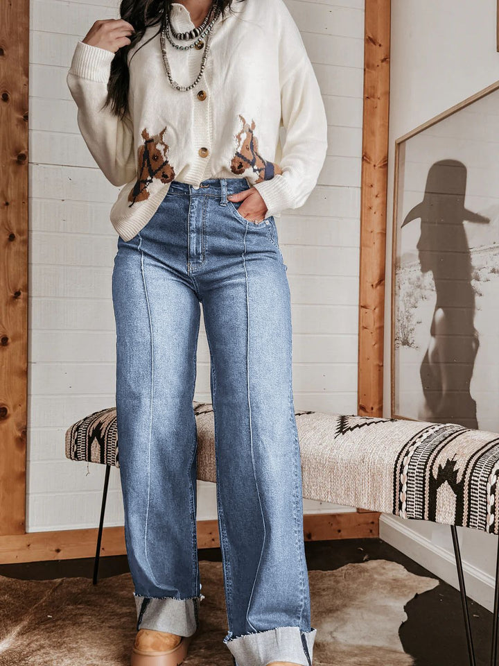 Damen weite High-Waist Jeans mit einzigartigen Kontrastnähten und lässigem Look Drune
