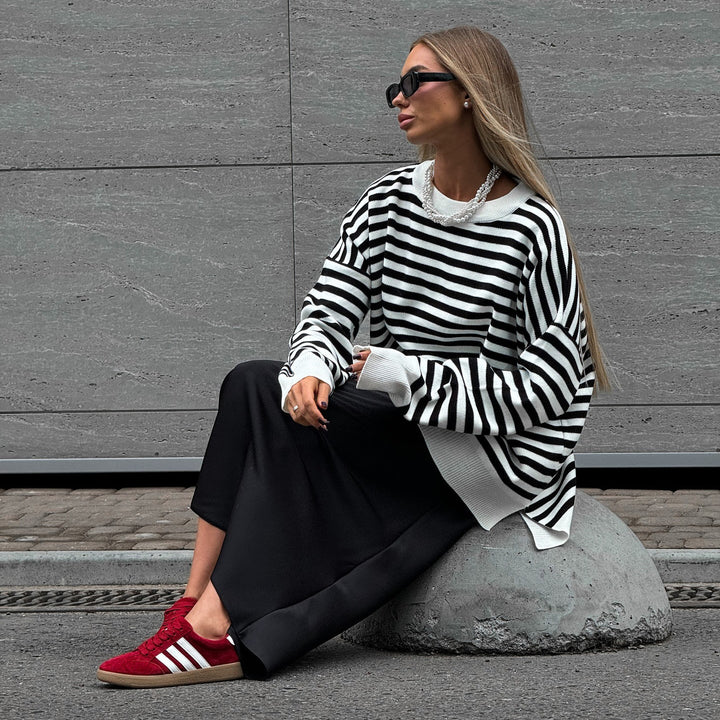 Damen gestreifter Pullover im lässigen Oversized-Stil mit breiten Ärmeln Drune
