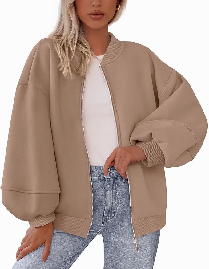 Damen Oversized Bomberjacke mit Reißverschluss und elastischen Bündchen Drune