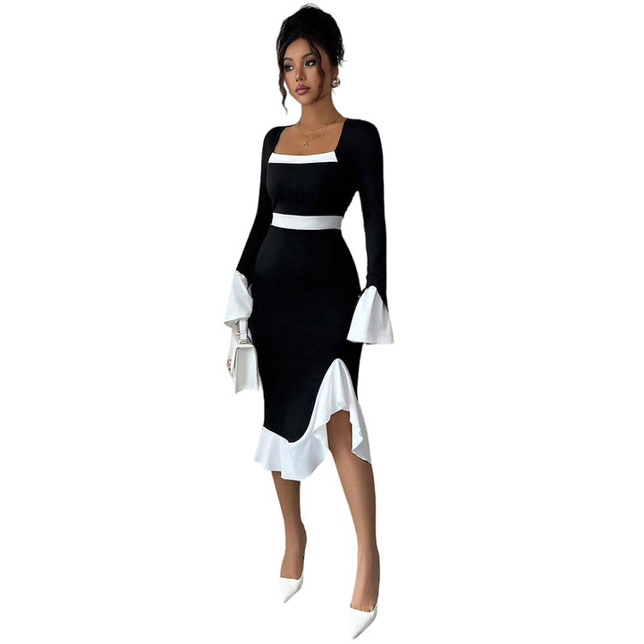 Damen elegantes Kleid mit Rüschendetails und weitem Ärmel Drune