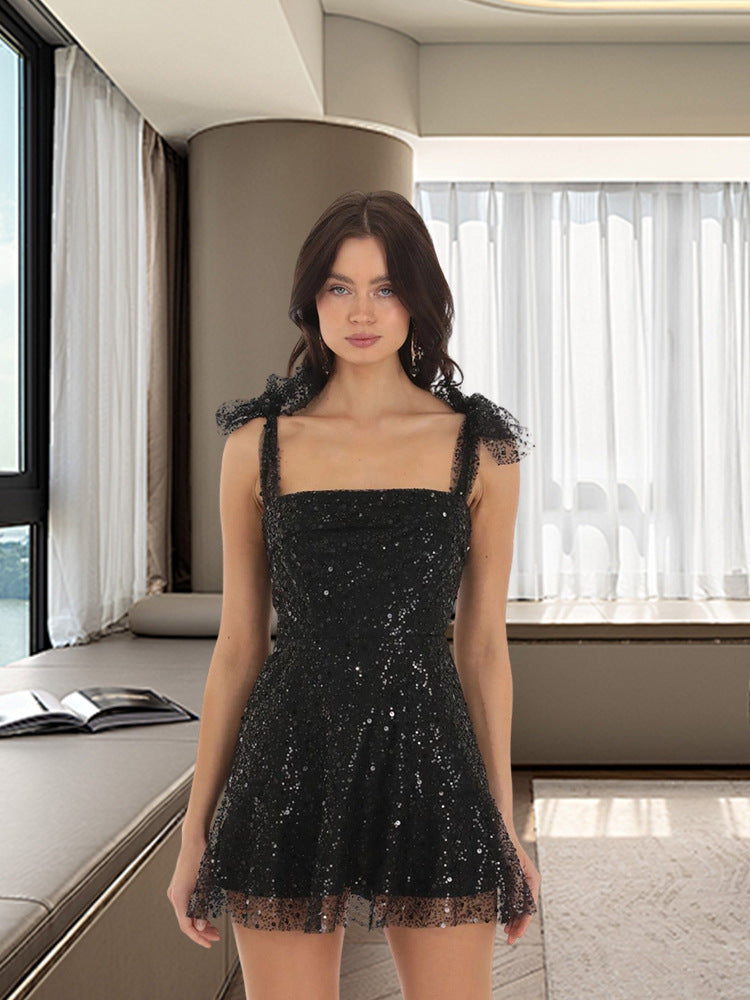 Damen Glitzerndes Minikleid mit dekorativen Trägern und funkelnden Details Drune