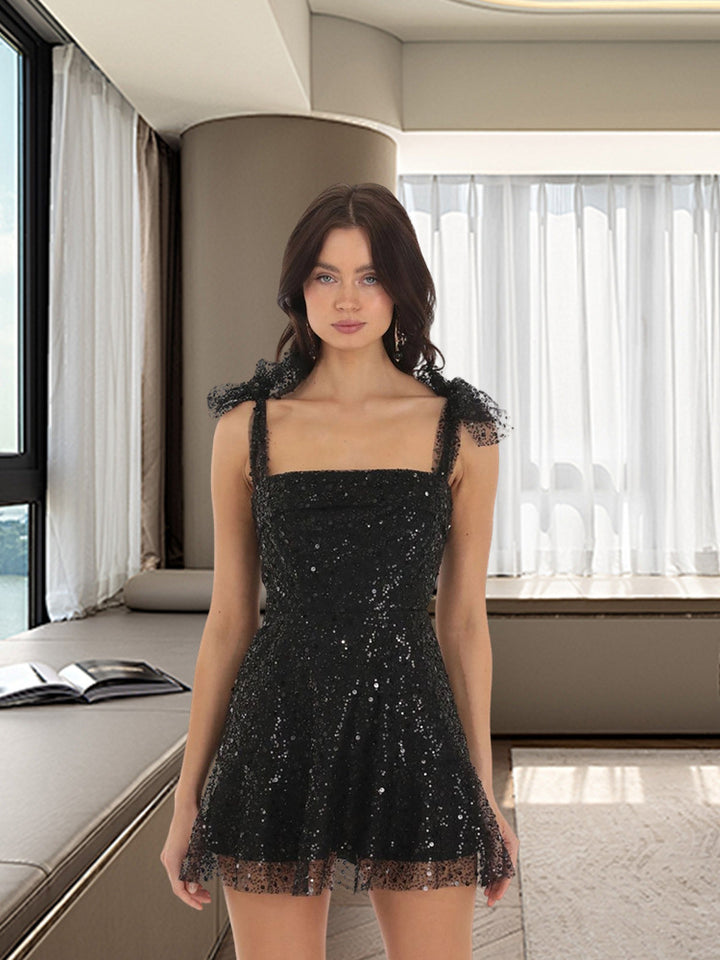 Damen Glitzerndes Minikleid mit dekorativen Trägern und funkelnden Details Drune