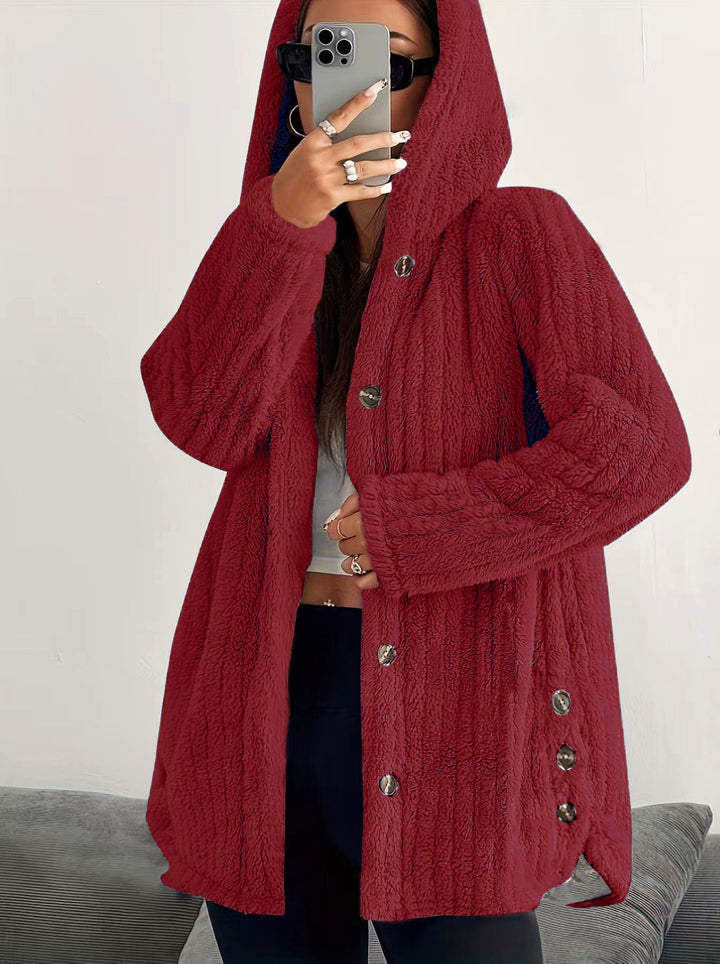 Damen kuschelige Fleecejacke mit Kapuze und Knopfverschluss Drune