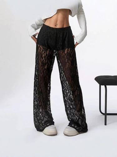 Damen elegante Spitzenhose mit weitem Schnitt und elastischem Bund Drune