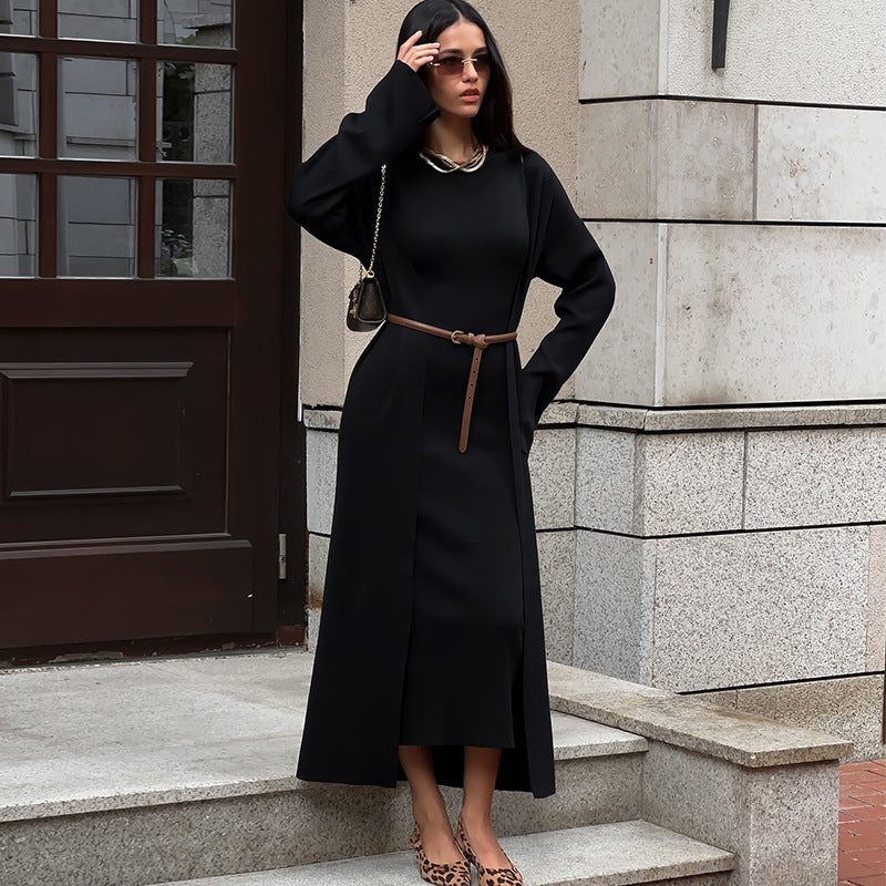 Damen elegantes Maxikleid mit passendem Oversized-Mantel Drune