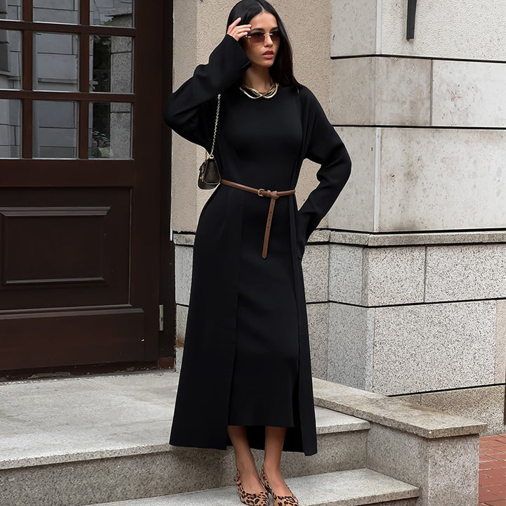 Damen elegantes Maxikleid mit passendem Oversized-Mantel Drune