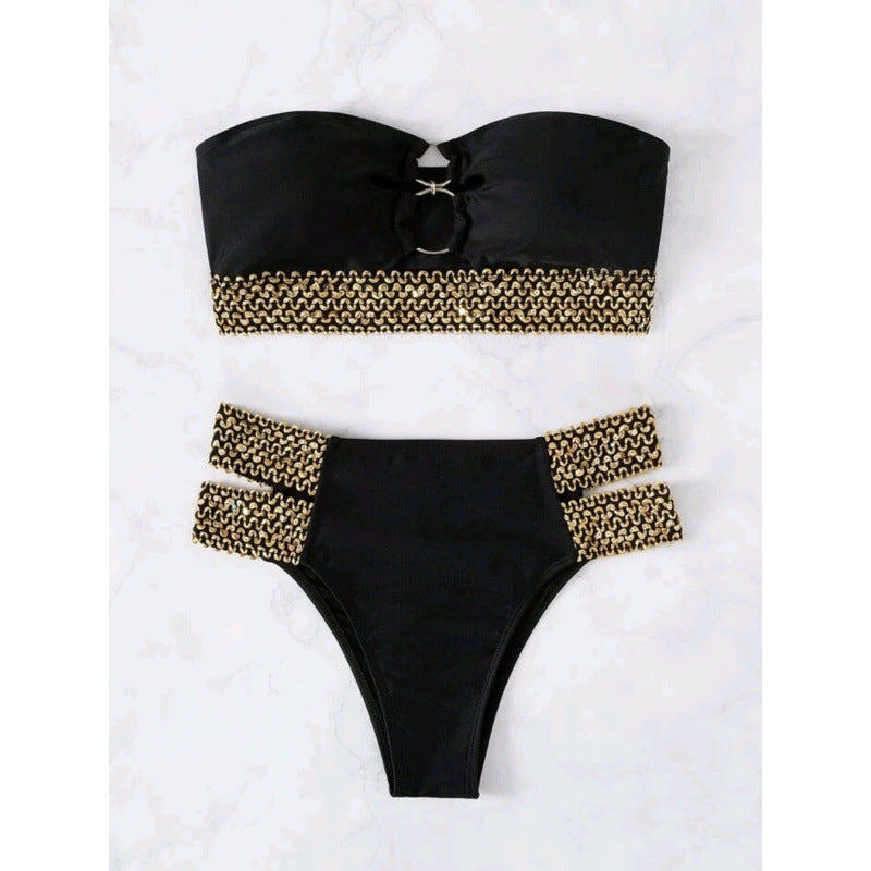 Damen Bandeau-Bikini mit goldenen Akzenten und hohem Taillenschnitt Drune
