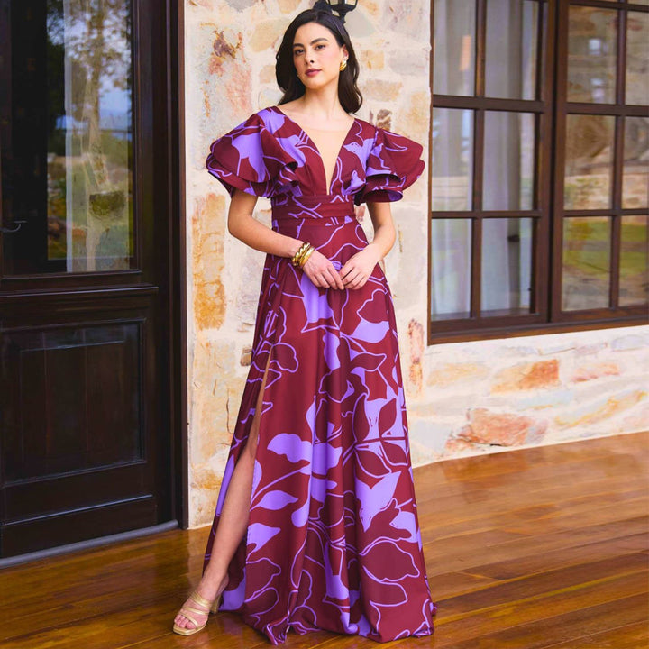 Damen Maxi-Kleid mit voluminösen Puffärmeln und elegantem Schlitz Drune