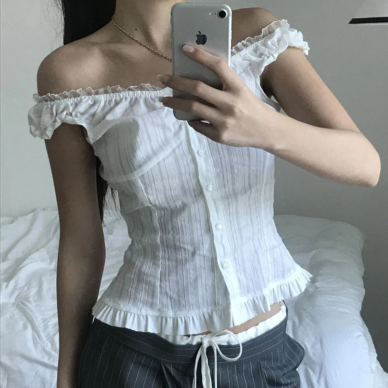 Damen Off-Shoulder Bluse mit Rüschensaum Drune