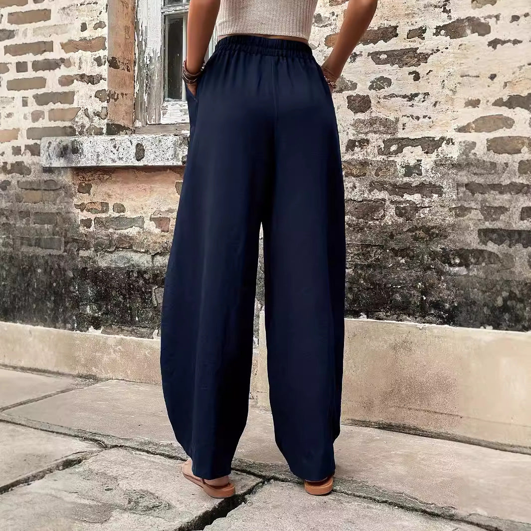 Damen weite Leinenhose mit elastischem Taillenbund und Seitentaschen Drune
