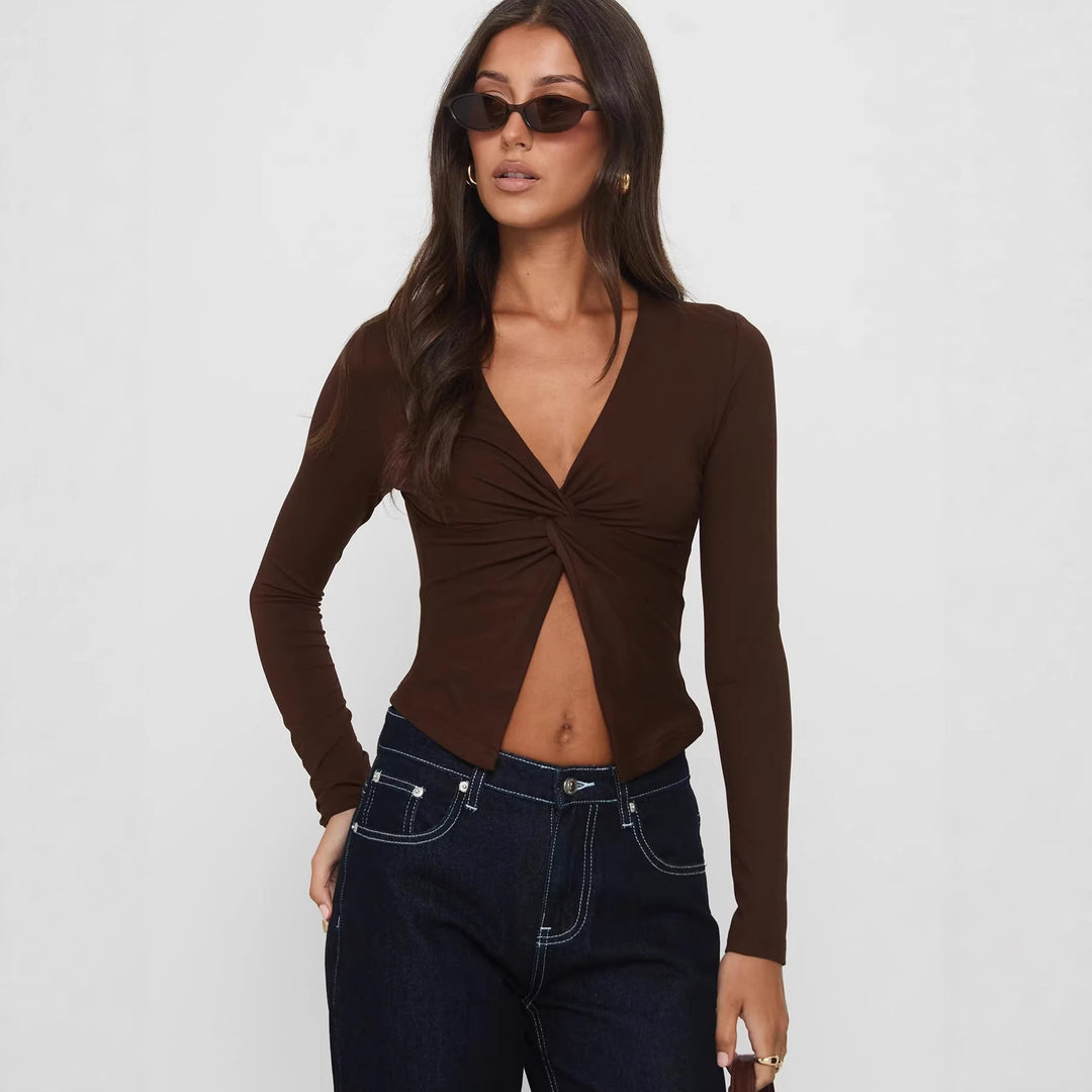 Damen Langarm-Top mit eleganter Wickeloptik Drune