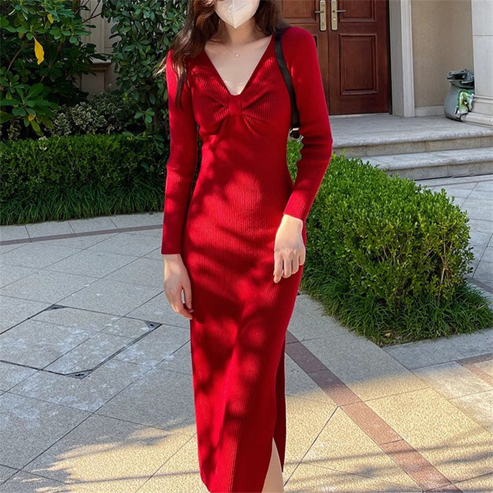 Damen Strickkleid mit tiefem V-Ausschnitt und Eleganter Rippstruktur Drune