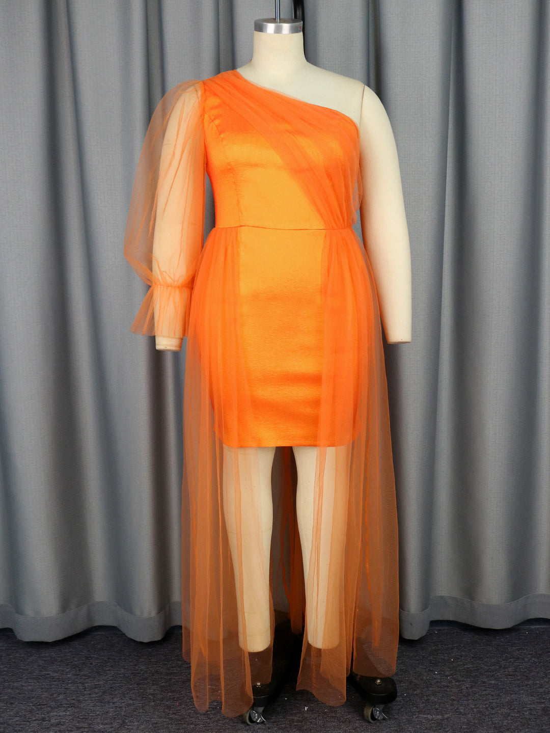 Damen elegantes One-Shoulder Kleid mit transparentem Tüllüberwurf Drune