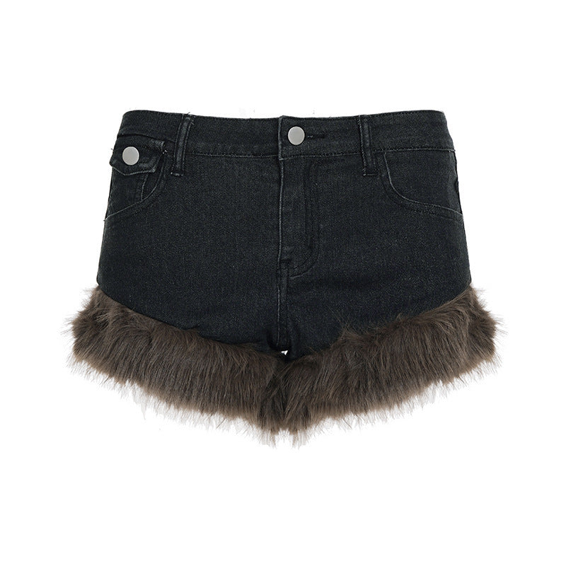 Damen Jeansshorts mit luxuriösem Kunstpelzsaum Drune