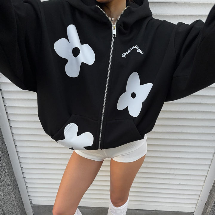 Damen oversized Kapuzenpullover mit kreativen Blumenmotiven Drune