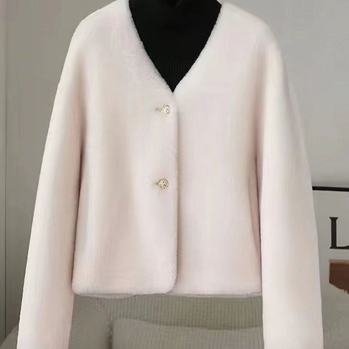 Damen Flauschige Kurzjacke mit edlen Knöpfen Drune