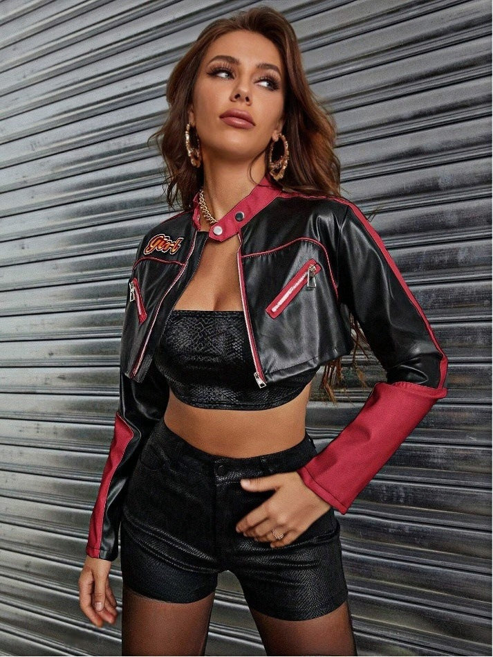 Damen modische cropped Kunstlederjacke Drune