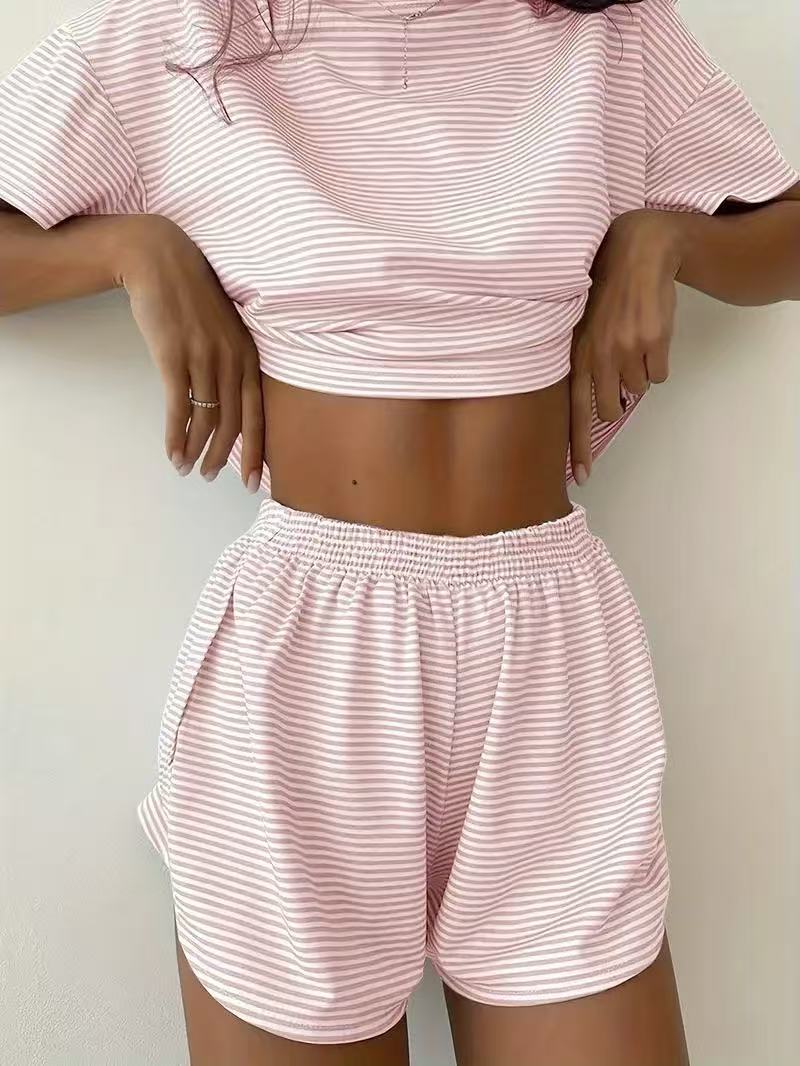 Damen lässiges Crop-Top und Short-Set mit gestreiftem Muster Drune