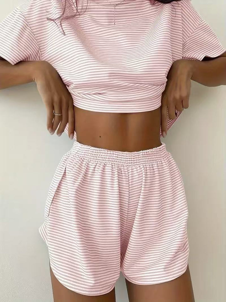 Damen lässiges Crop-Top und Short-Set mit gestreiftem Muster Drune