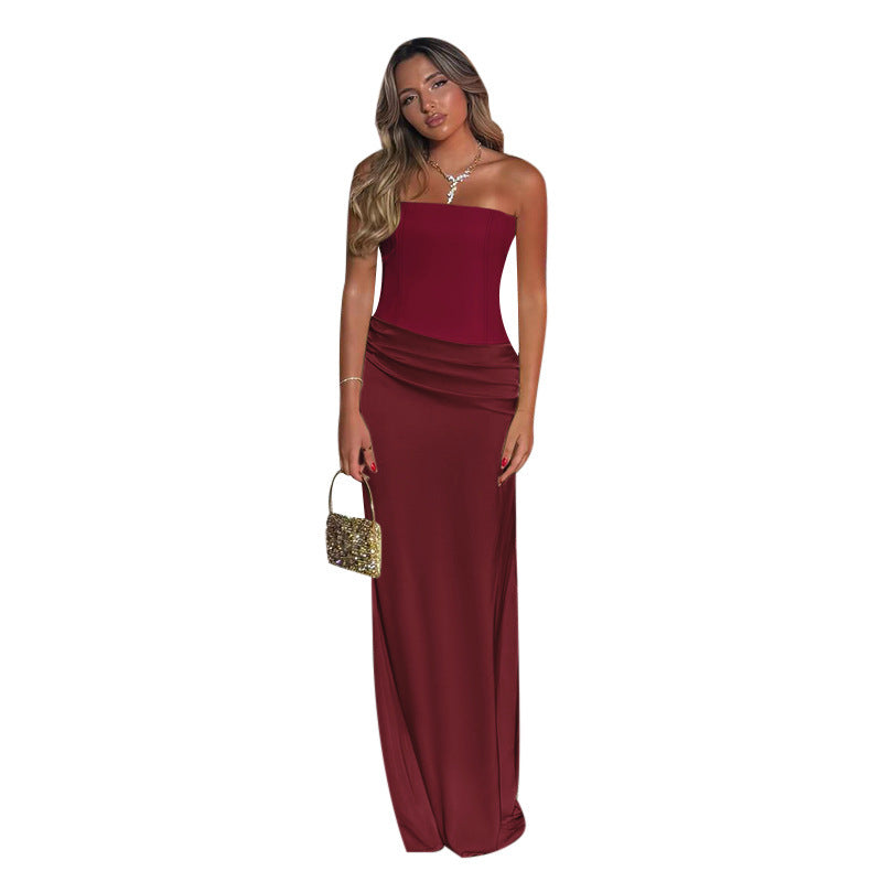 Damen schulterfreies Maxikleid mit Raffungen und eleganter Silhouette Drune