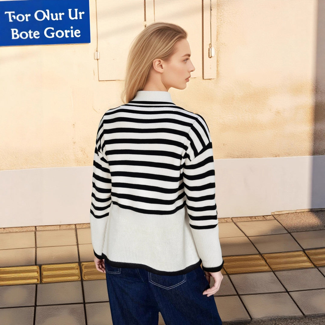 Damen Pullover mit hohem Kragen und modernem Streifenmuster Drune