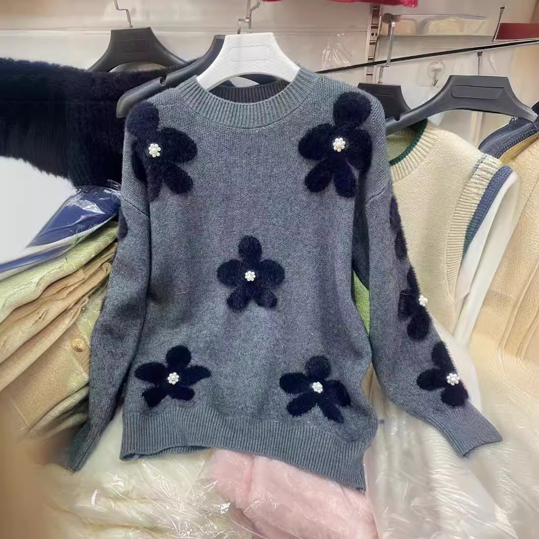Damen kuscheliger Strickpullover mit Perlenakzenten Drune
