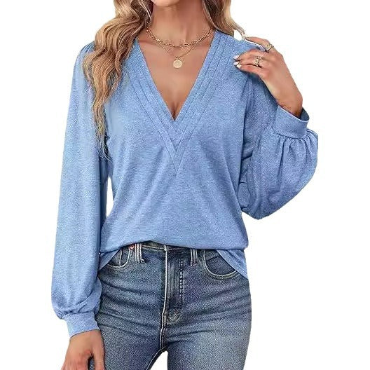 Damen elegantes Oberteil mit V-Ausschnitt und Puffärmeln Drune