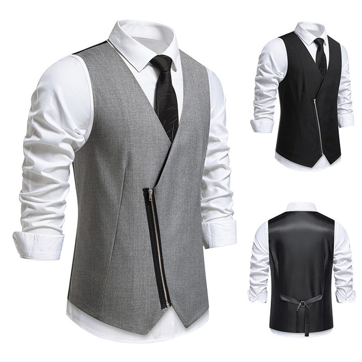 Herren moderne Anzugweste mit asymmetrischem Reißverschluss und eleganter Passform Drune