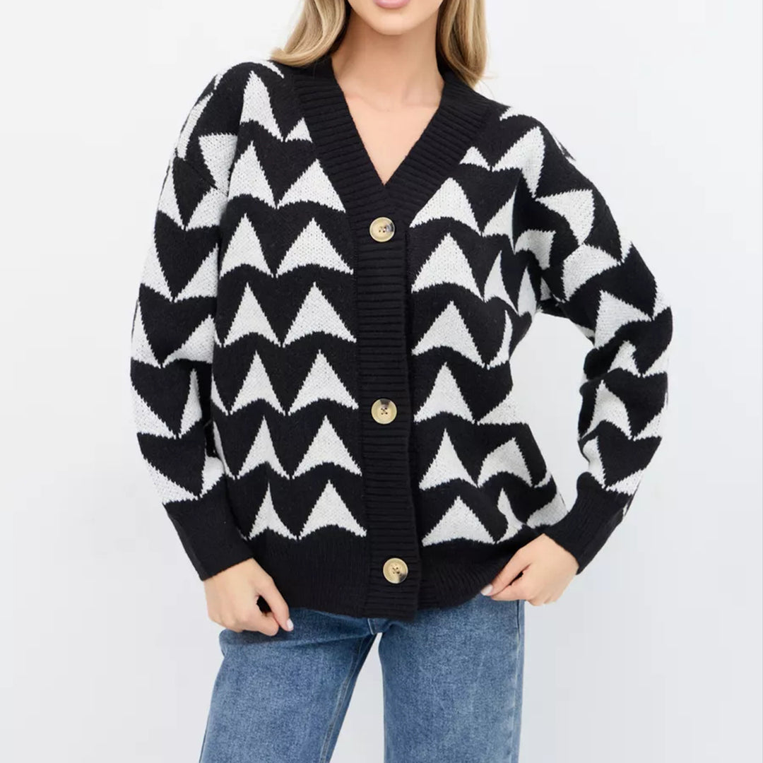 Damen Strickjacke mit geometrischem Muster und knöpfbarem Design Drune