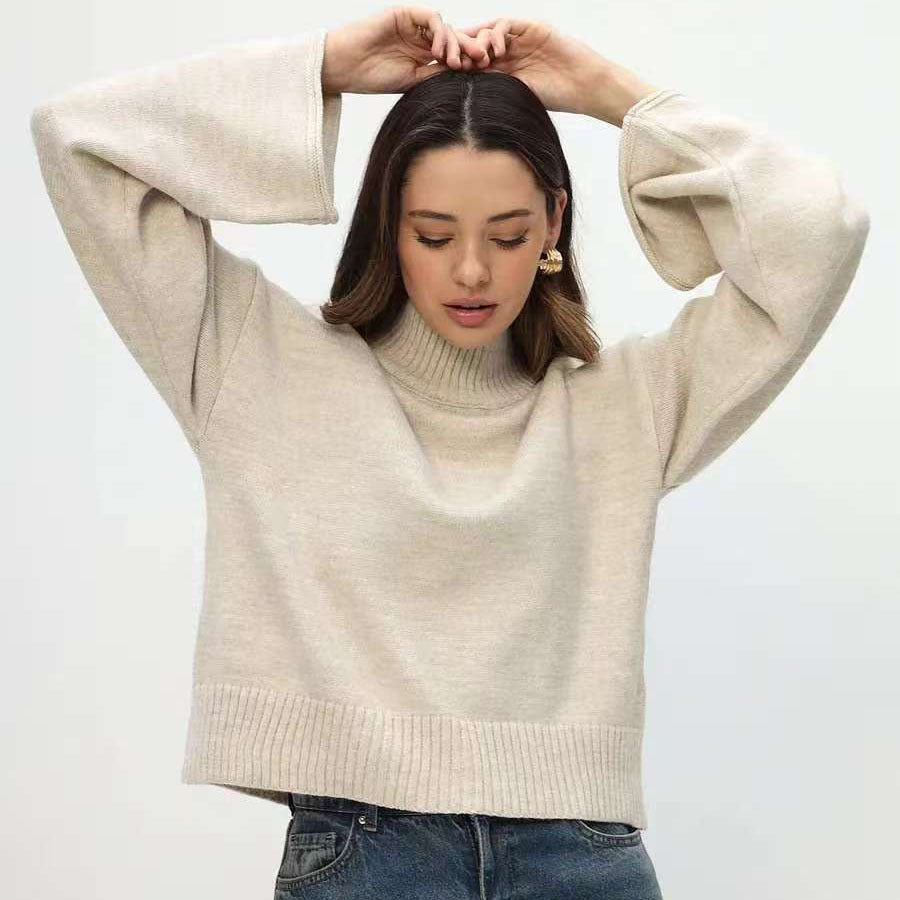 Damen modisches Oversized Strickpullover mit breiten Ärmeln und hochgeschlossenem Kragen Drune