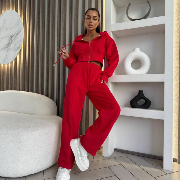 Damen modischer Kapuzenanzug mit elastischem Bund und cropped Oberteil Drune