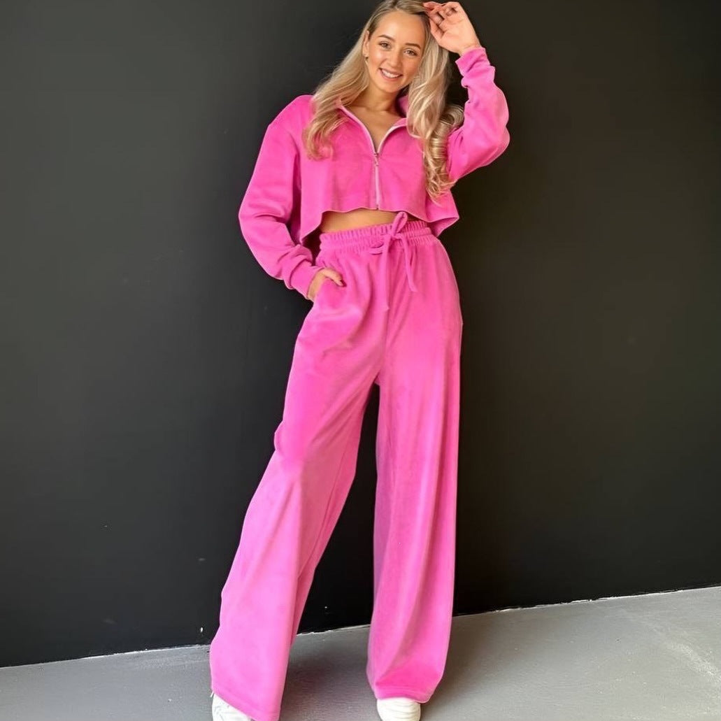 Damen Modischer cropped Fleece-Jogginganzug mit hoch schließendem Kragen Drune