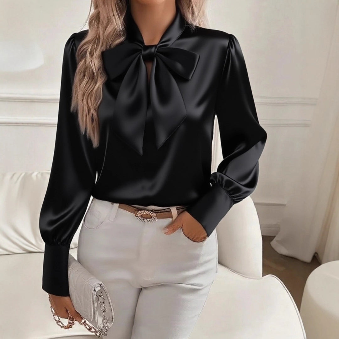 Damen elegante Satinbluse mit Schleifenkragen und Puffärmeln Drune