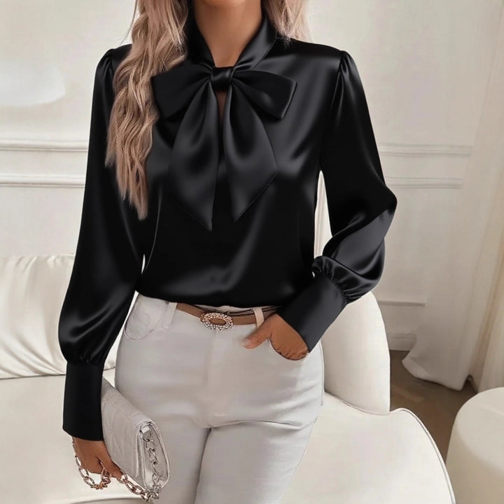 Damen elegante Satinbluse mit Schleifenkragen und Puffärmeln Drune