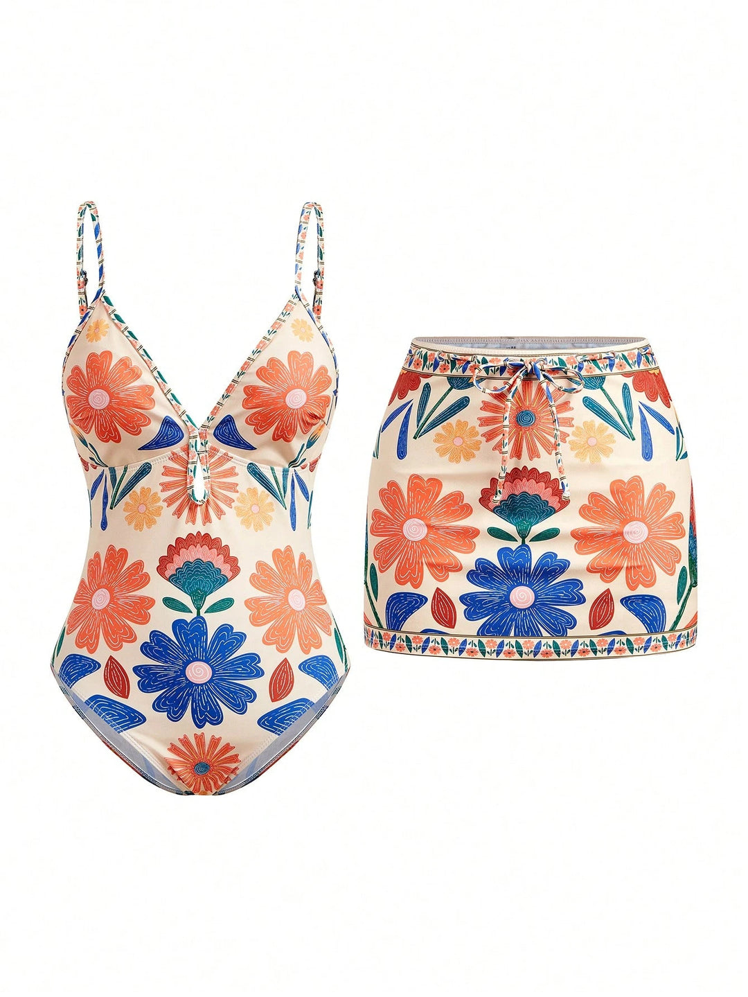 Damen Blumenmuster Badeanzug mit passendem Rock Drune