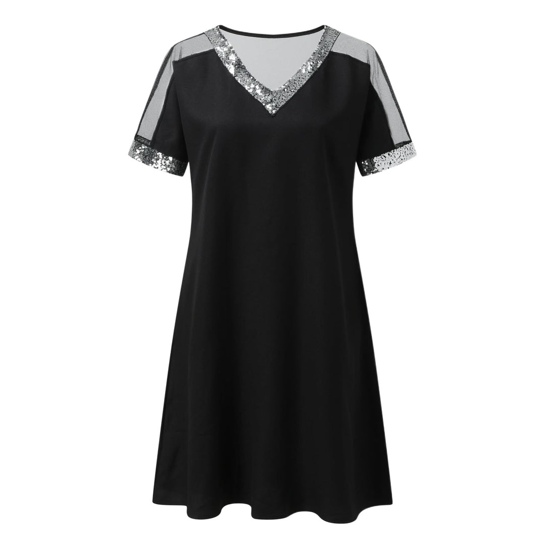 Damen trendy Freizeitkleid mit elegantem V-Ausschnitt und transparenter Schulterpartie Drune