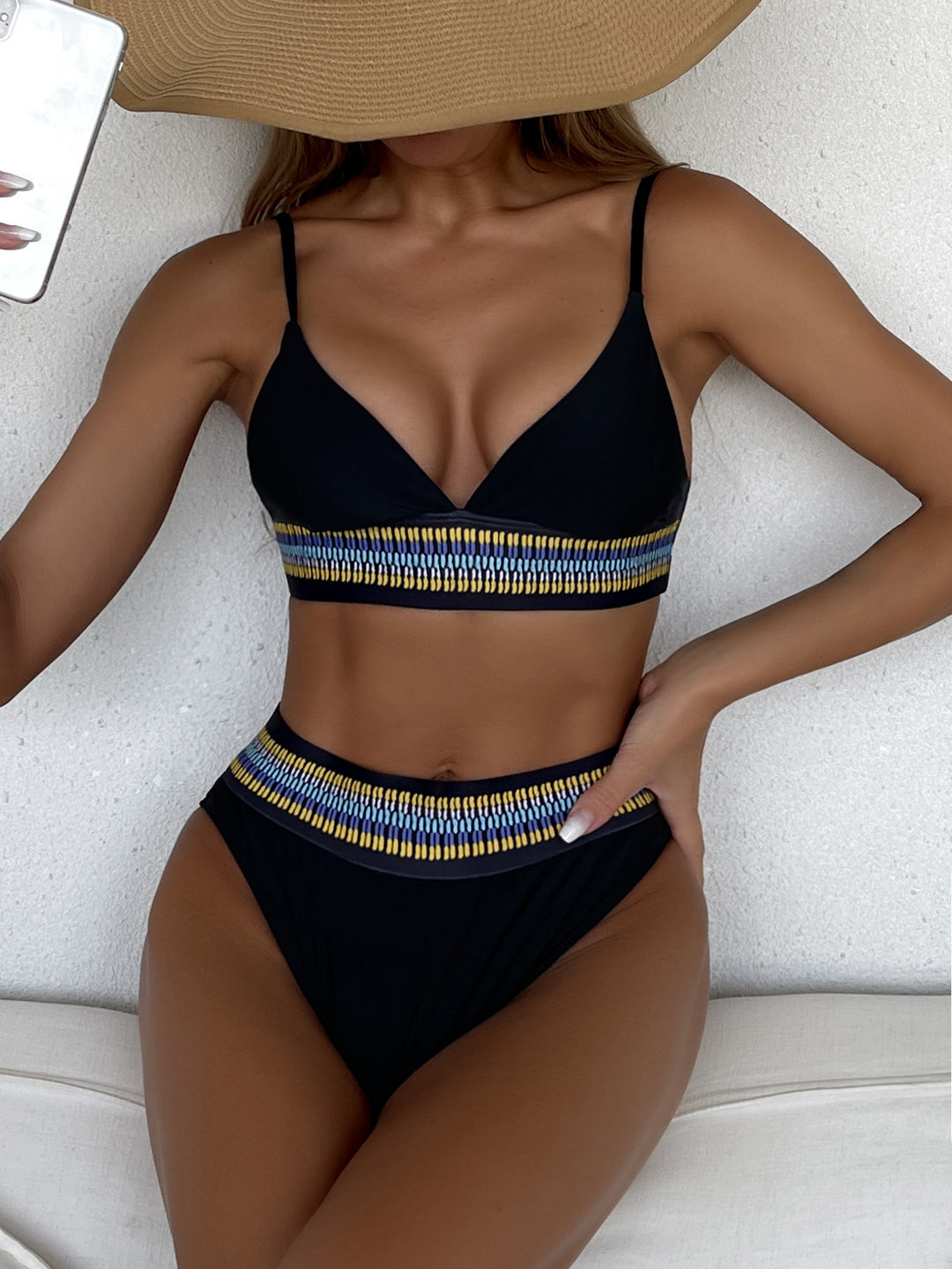 Damen Hochtaillierter Bikini mit buntem Jacquard-Bund Drune