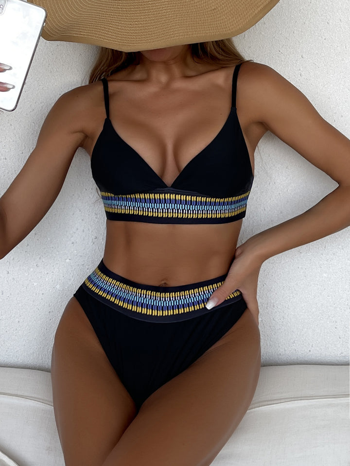Damen Hochtaillierter Bikini mit buntem Jacquard-Bund Drune