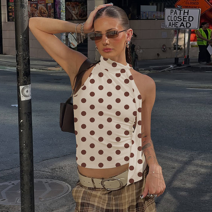 Damen asymmetrisches Polka-Dot-Top mit hohen Schnittlinien und elegantem Halterdesign Drune