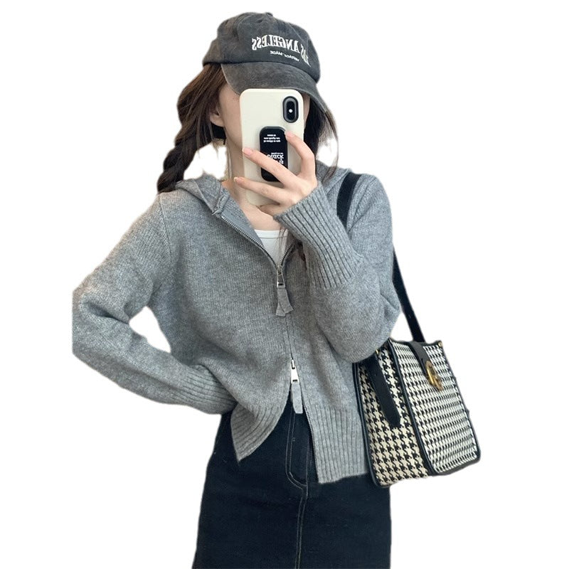 Damen Strickjacke mit Kapuze und durchgehendem Reißverschluss Drune