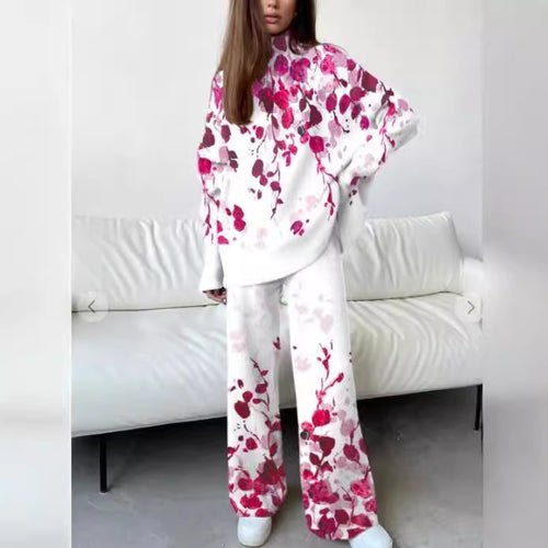 Damen entspannender Lounge-Anzug mit floralem Muster und hohem Kragen Drune