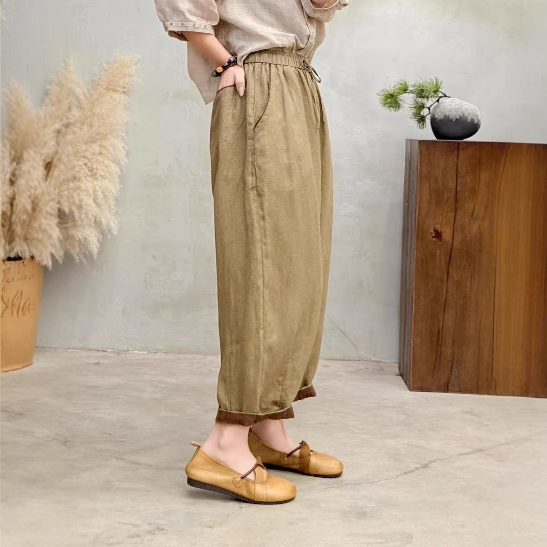 Damen Relaxed Fit Hohe Taille Hose mit verstellbarem Zugband Drune