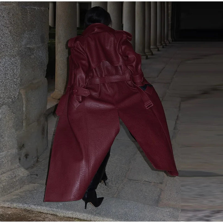 Damen Modische Kunstleder-Trenchjacke mit hohem Kragen Drune