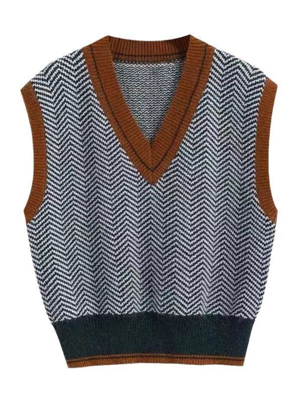 Damen Strickpullover mit V-Ausschnitt und modernem Zickzackmuster Drune