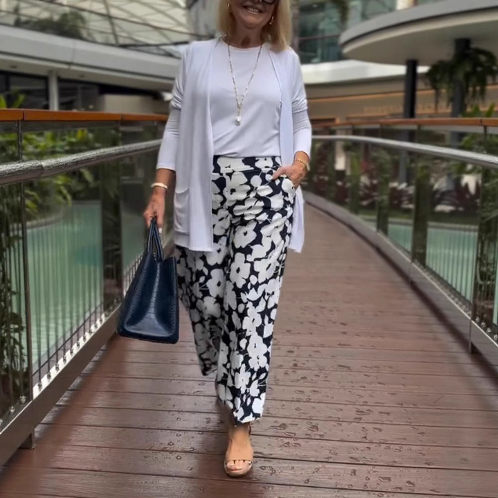 Damen weite Sommerhose mit floralem Design und elastischem Bund Drune